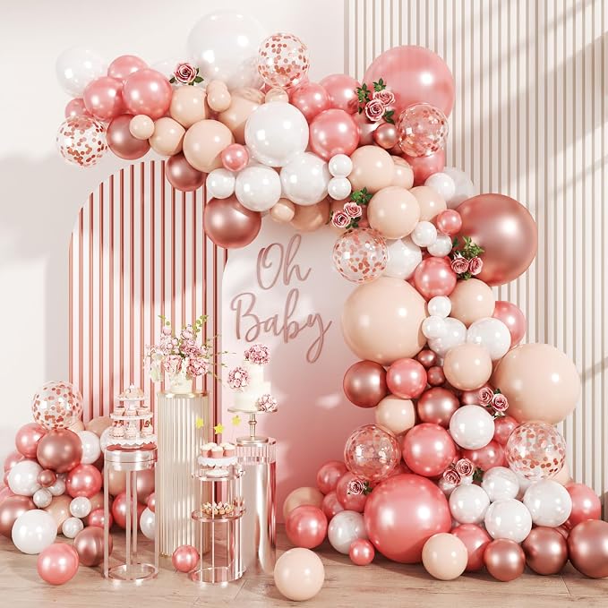 MEBAY 147PCS Rose Gold Balloon Garland Arch Kit, Pearl Rose Gold Metallic White Nude Balloons with Confetti for Wedding Bridal Shower Princess Party Girl Birthday Baby Shower Decorations