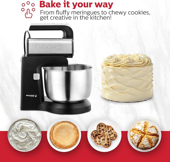 Holstein Housewares 5-Speed Hand and Stand Mixer, 250W Power with LED Light, Black and Stainless Steel – Versatile Mixer for Baking, Whipping, and More