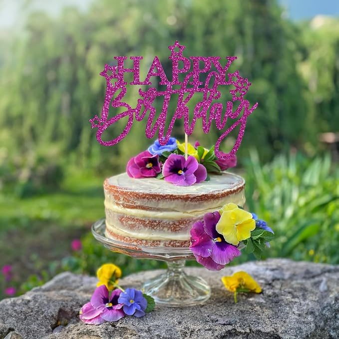 Gyufise 1Pcs Happy Birthday Cake Topper Glitter Happy Birthday Cake Pick for Celebrating Happy Birthday Anniversary Theme Party Cake Decorations Supplies Light Purple