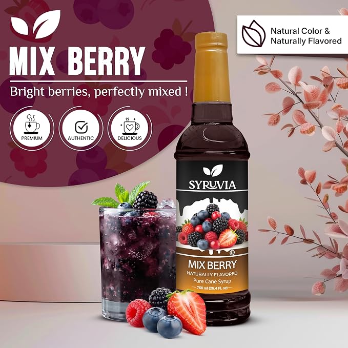 Syruvia Mix Berry Syrup, Naturally Flavored Syrup for Drinks, Lemonades, Iced Teas, and Desserts – 25.4 fl oz - with Pump