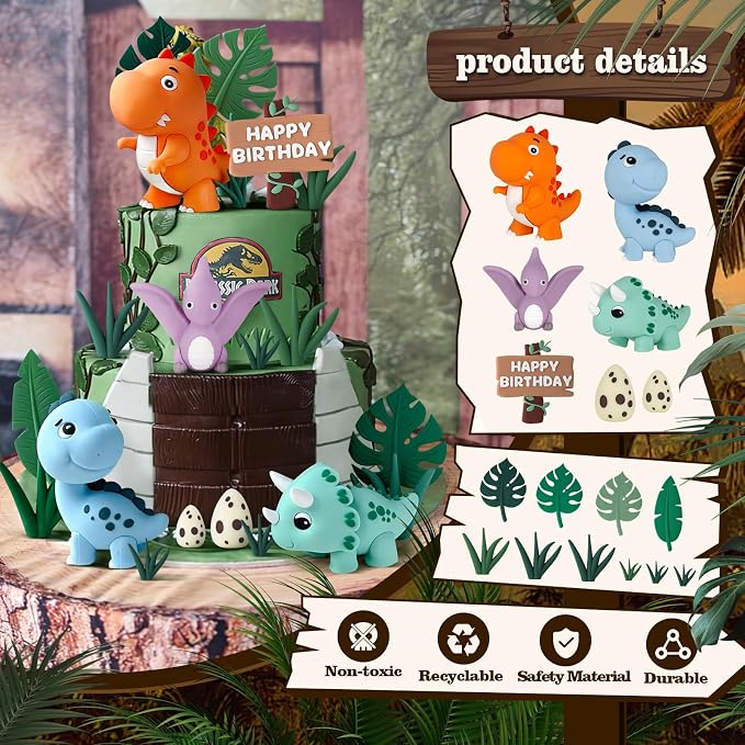 17PCS Dinosaur Cake Topper, Dinosaur Eggs Leaves Grasses Cake Decorations with Happy Birthday Sign Cake Toppers for Birthday Party Decorations, Safari Animal Themed Party