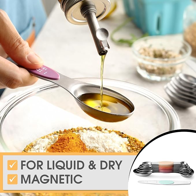 Spring Chef Stainless Steel Magnetic Measuring Cups, Set of 7 & Heavy Duty Magnetic Measuring Spoons, Set of 8 with Leveler - 2 Product Bundle - Desert Sunset