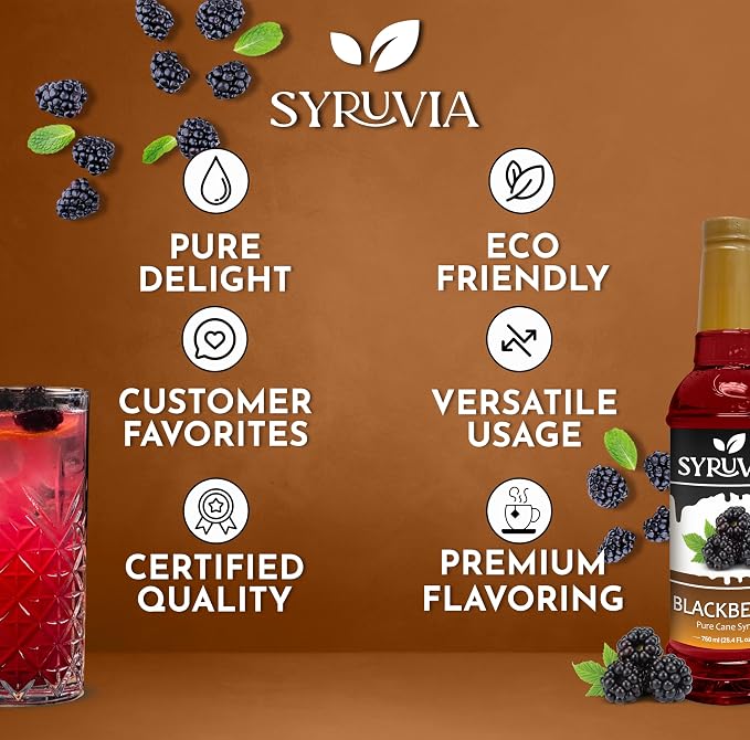 Syruvia Blackberry Syrup, Flavored Syrup for Drinks, Lemonades, Iced Teas, and Desserts – 25.4 fl oz - with Pump