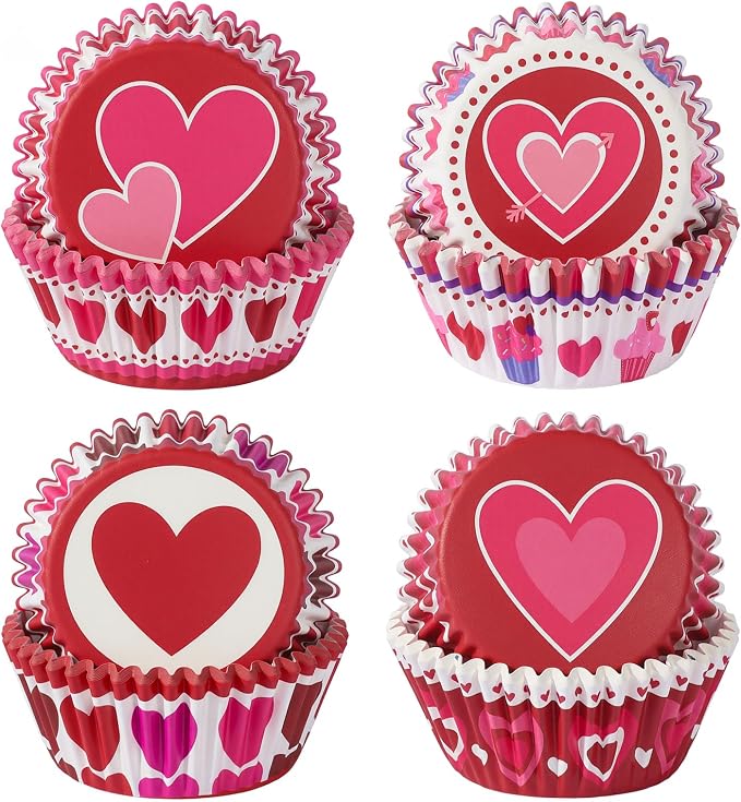 Standard Cupcake Liners 100 Pack, Colorful Paper Baking Cups Hearts Food Grade Disposable Cupcake Wrappers Muffin Liners for Valentine's Day Tea Themed Party Baking Decor