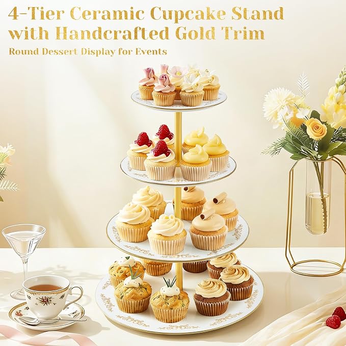 DUJUST 4-Tier Cupcake Stand Tower, British Style Porcelain Tiered Tray with Golden Trim & Pattern, Food Grade Dessert Display Stand, Beautiful Gift for Tea Party & Home Décor - White
