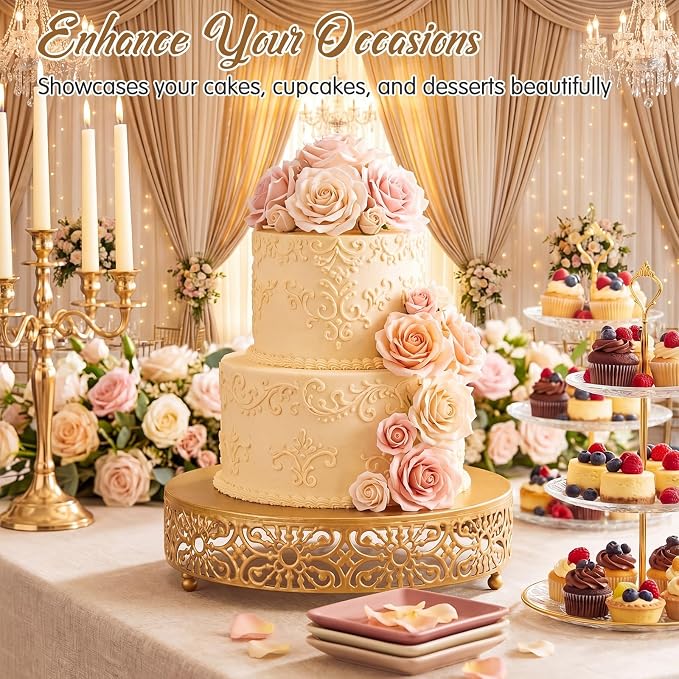 Wenqik 12 Inch Cake Stand Round Metal Cupcake Dessert Wedding Cake Stand Cookies Display Holder Fruit Food Serving Tray for Table Wedding Birthday Anniversary Party Decor (Gold)