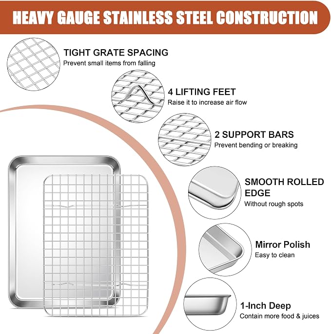 E-far Stainless Steel Baking Sheet with Wire Rack Set, 10.5” x 8.3” Cookie Sheet Baking Pan for Toaster Oven, Small Metal Tray with Cooling Rack for Cooking Roasting, Non-Toxic & Dishwasher Safe