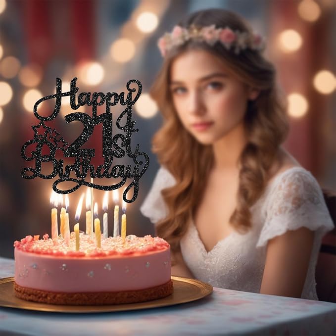 1 Pack Happy 21st Birthday Cake Topper Black Glitter 21 & Fabulous Cheers to 21 Years Old Birthday Cake Pick for Celebrating 21st Birthday Anniversary Party Cake Decorations Supplies