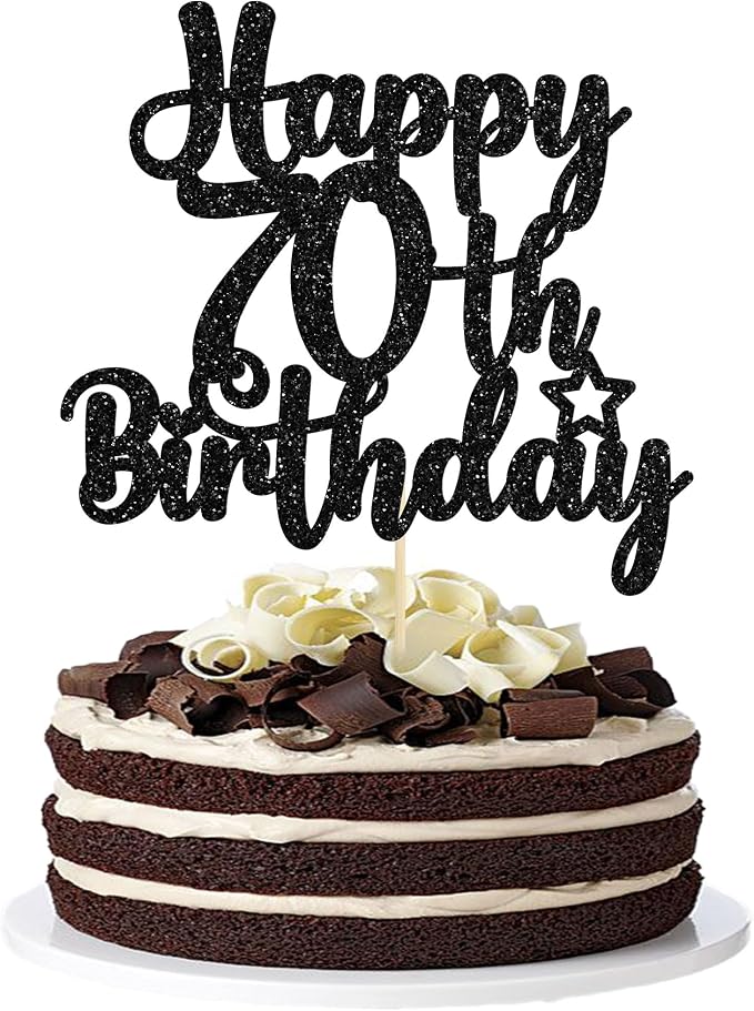 Gyufise 1Pc Happy 70th Birthday Cake Topper Glitter 70 & Fabulous Cheers to 70 Years 70th Birthday Cake Pick for Celebrating 70th Birthday Anniversary Party Cake Decorations Supplies Black