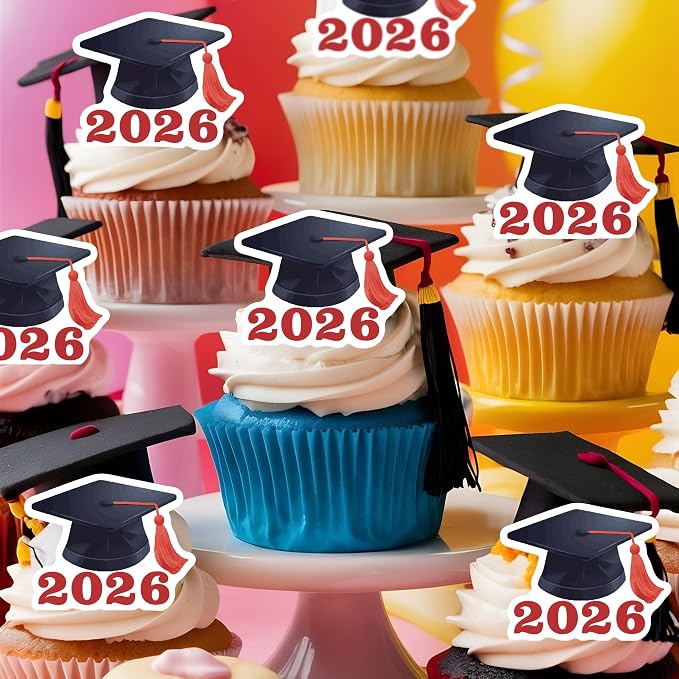 42pcs Edible Graduation Cap Cupcake Toppers Wafer Paper Red Class of 2026 Cake Decorations Edible Grad Cap Cupcake Picks for 2026 Graduation Theme Party Cake Decor Supplies