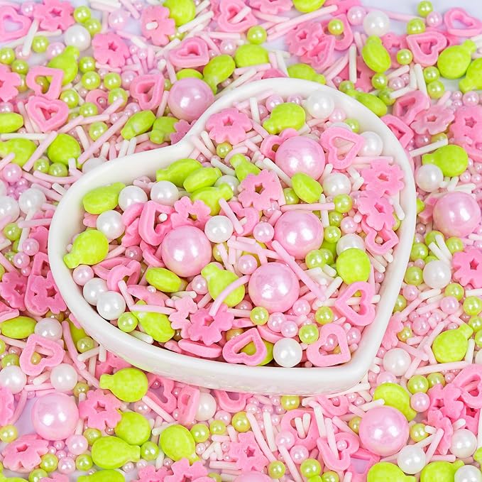 Edible Sprinkles for Cake Decorations,Pink White Pearls and Jimmies,Heart and Flowers,Bright Green Balloons Sprinkle Mix,Spring Candy Sprinkles for Easter Cakes,Cupcakes,Dessert Tables & Party Favors,Food Grade Sugar Decorating for Brunch,Wedding Birth...