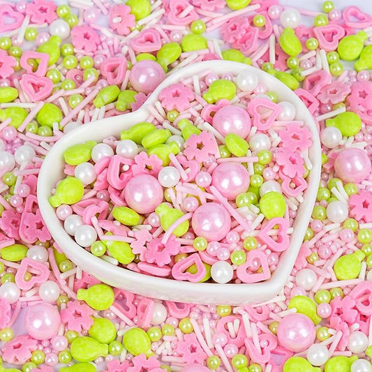 Edible Sprinkles for Cake Decorations,Pink White Pearls and Jimmies,Heart and Flowers,Bright Green Balloons Sprinkle Mix,Spring Candy Sprinkles for Easter Cakes,Cupcakes,Dessert Tables & Party Favors,Food Grade Sugar Decorating for Brunch,Wedding Birth...