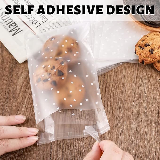 NPLUX 200PACK Self Sealing Cellophane Treat Bags Clear Cookie Bags for Gift Giving with Stickers, Party Favor, Graduation Gift Bags(White Polka Dot, 4X6INCH)