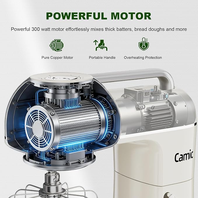 Camic Electric Stand Mixer,7.45 QT,10 Speeds with Dough Hook,Whisk, Flat Beater Attachments, Splash Guard, Easy-Carry Top Handle,3-IN-1 Kitchen Mixer for Baking Cakes Cookie Bread Salad (White)