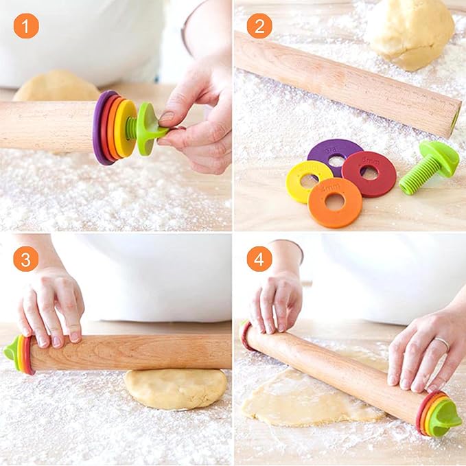 Adjustable Rolling Pin with 4 Thickness Rings, 13.6'' Wooden Dough Roller | Multicolor removable rings( 1/16''to 3/8'') for precise dough thickness, ideal for pizza, pies, pastries, cookies & making