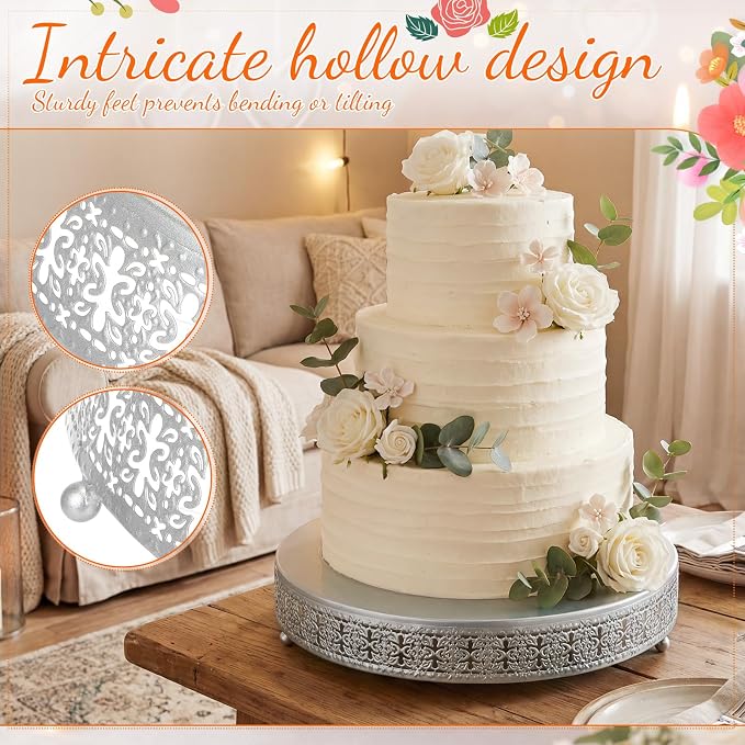 Wenqik 2 Pack Cake Stand Set, 14/16 Inch Metal Round Cupcake Dessert Stand Decorative Elegant Cake Display for Weddings Party Birthday Baby Showers Anniversary(Ornate Floral,Silver)