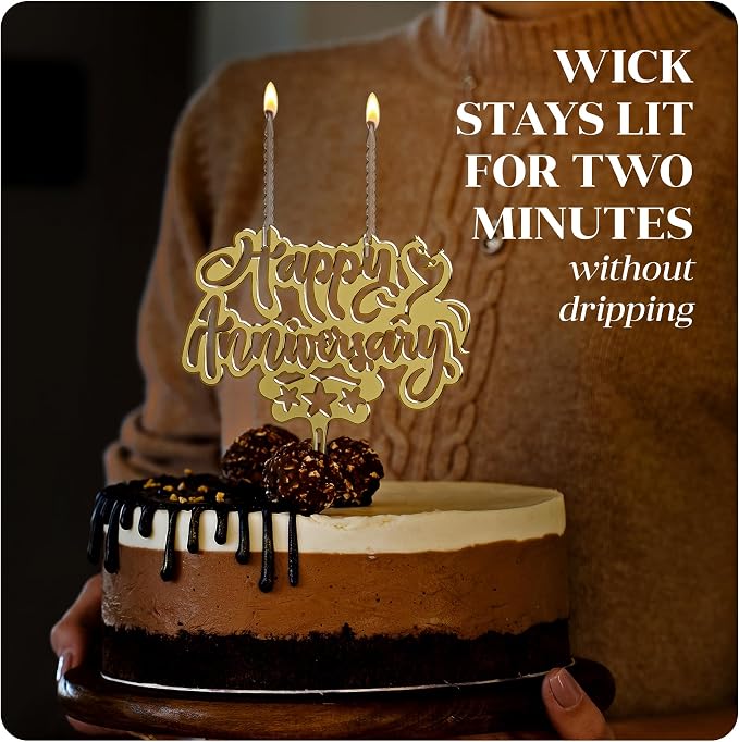 Happy Anniversary Cake Topper Candle, Gold Acrylic Anniversary Cake Decoration, 2 Wick Celebration Cake Topper