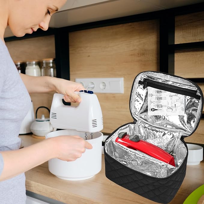 Quilted Electric Hand Mixer Carrying Bag for KitchenAid 5/6/7/9 Ultra Power Speed Mixers, Hand Mixer Electric Handheld Bag with Handle for Kitchenaid Mixer Attachments, Black