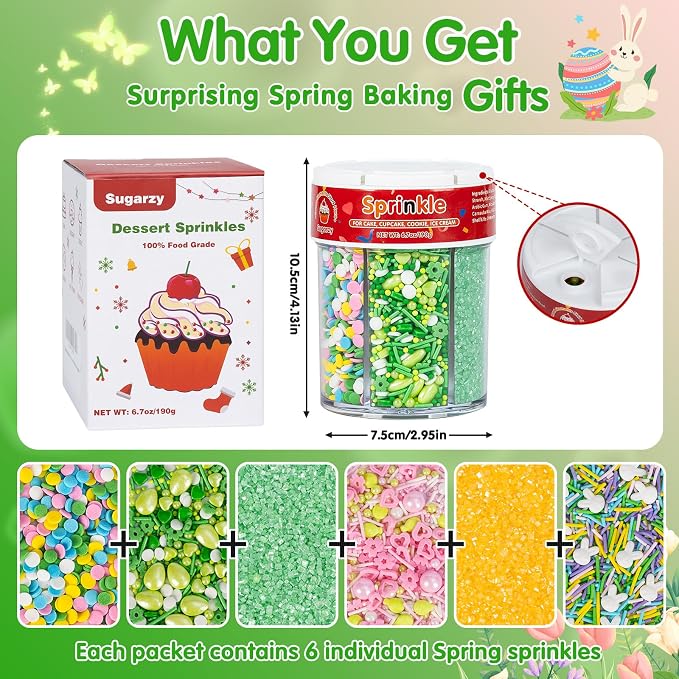 Edible Sprinkles for Cake Decorating,6 Cell-6.7oz,Light Green and Yellow Sanding Sugar,Rainbow Round Confetti,White Rabbit,Pastel Color Sugar Jimmies,Nonpareils,Green Pearls,Green Eggs Sprinkle,Cake Decorations for Baking,Desserts,Cupcakes,Ice Cream,Co...
