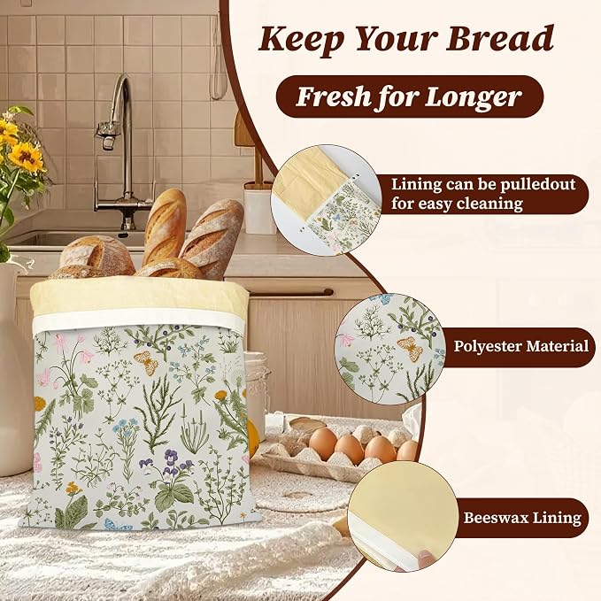 Beeswax Bread Bags, 2 Pack for Homemade Bread and Sourdough Storage | Herbs Wild Flowers Vintage Botanical, Reusable Polyester Bread Storage With Beeswax Coating And Snap Closures