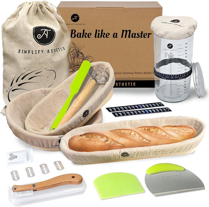Premium Banneton Bread Proofing Basket - A Complete Sourdough Bread Baking Kit - Bread Baking Supplies - Sourdough Starter Jar Kit