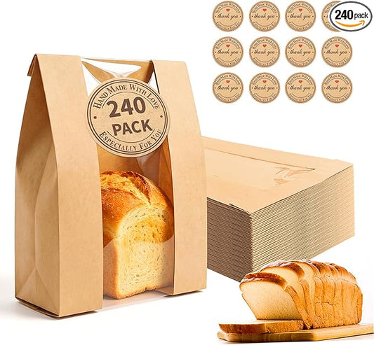Homrelaxy 240pcs Paper Bread Bags for Homemade Bread, Sourdough Bag with Window, 13.7 x 8.3 x 3.5 Inch Large Brown Kraft Bakery Bags for Storing Loaves & Snacks, Includes 250 Sealing Stickers