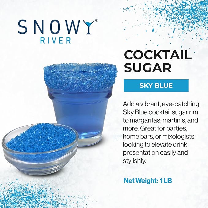 Snowy River Sky Blue, Cocktail & Margarita Sugar Rimmer - Vibrant Naturally Colored Sugar for Cocktail Rimming, Baking & Decorating, Medium Crystal - 16oz