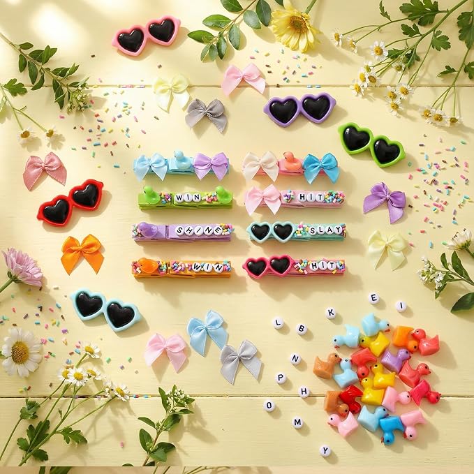 Geelin Cheer Pins Kit with 80 Pcs Spirit Clips, 800 Letter Beads, 30 Ducks, 30 Bows, 20 Sunglasses, Glue, Decoration for Cheerleaders, Volleyball Team Gifts Bulk Stuff DIY Charms(Macaron Colors,Cute)