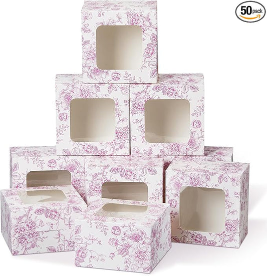 50 Pack Pink Floral Cookie Boxes with Window, Chinoiserie Small Bakery Treat Boxes for Pastry Donuts Macaroon Cupcakes, Wedding Bridal Shower Birthday Tea Party Baby Shower Favors