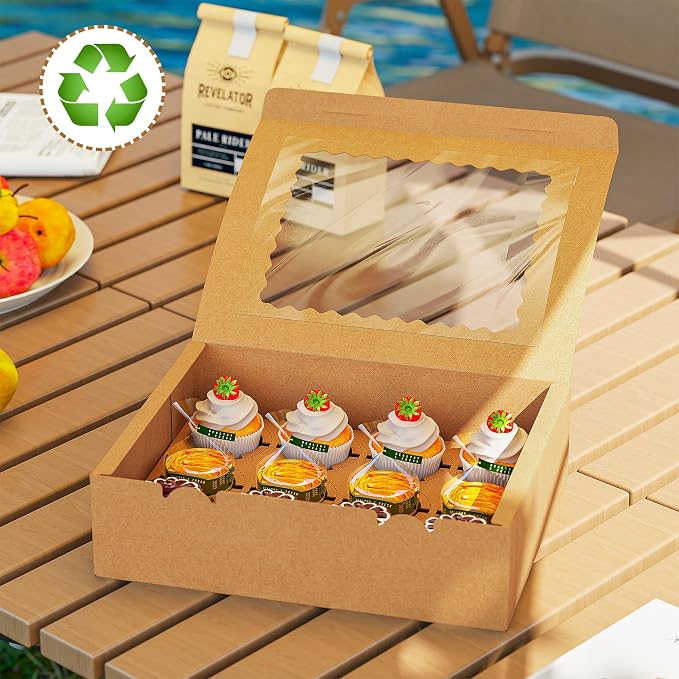 50 PCS 12 Count Cupcake Boxes Bulk for Dessert | Brown,Clear Window,Kraft,Cupcake Containers,Dozen,Deep,Cupcake Carrier With Inserts&Sticker,for Party, Birthday,Holiday,Gift