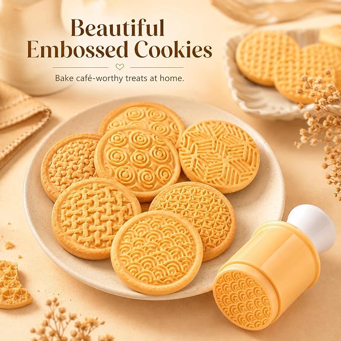 Silicone Cookie Stamps Set for Baking - Geo Geometric Figure Cookie Stamps with Handle and 6 Silicone Stamps High Heat Resistant to 480°F Yellow Color | Geometric stamp patterns; 2.75 in round cutter; compact nesting case for baking, fondant and biscui...