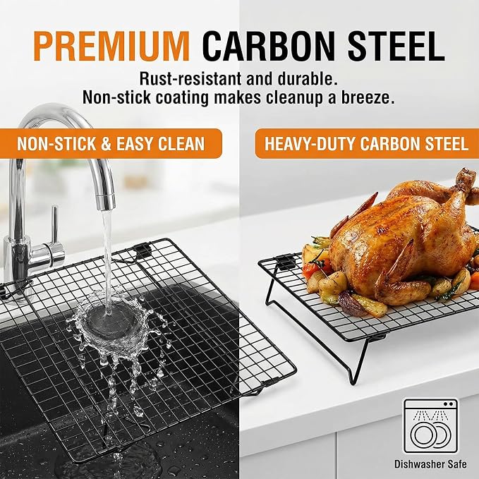 4 Pcs Cooling Racks for Cooking and Baking, 13.4 x 9.4 Inch Carbon Steel Cookie Cooling Racks, Stackable Baking Rack for Oven Cooking Cooling Roasting Making Jerky (Black)