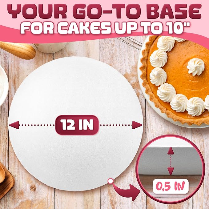 White Cake Drum 12 inch Round - Thick 1/2" White Cake Board 12 inch Round with Bend-Proof & Smooth Surface, Grease- and Water Resistant - Suitable for Homemade Baking and Birthday Cakes Up to 10"
