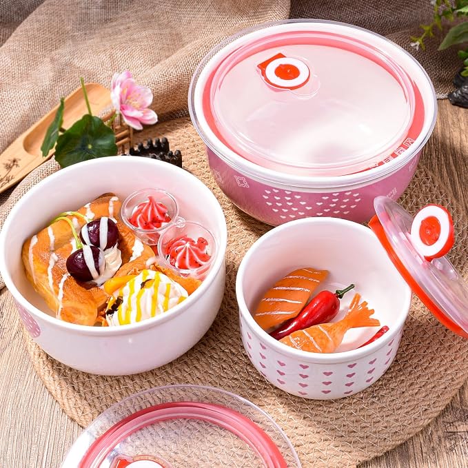 Pink Heart Ceramic Nesting Food Storage Bowls with Lids, Set of 3, Cute Mixing Bowls for Meal Prep, Serving, and Storage, Microwave & Dishwasher Safe