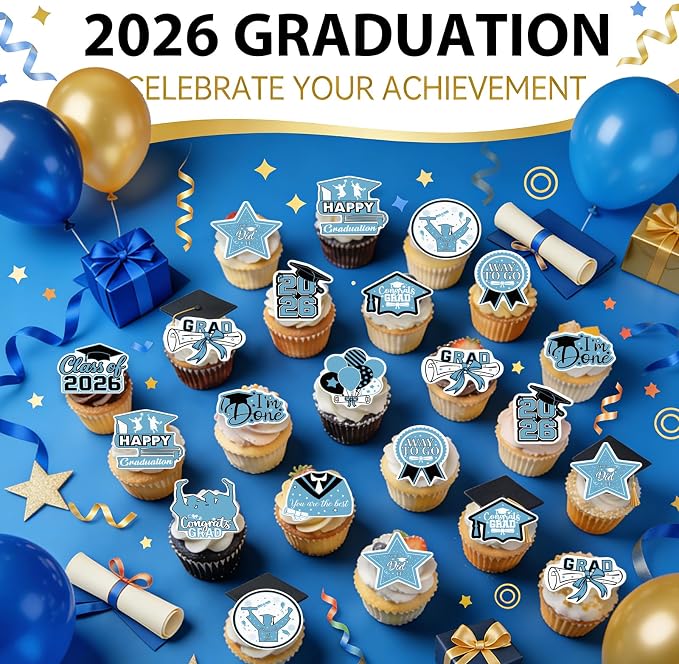 48pcs Edible 2026 Graduation Cupcake Toppers Wafer Paper Light Blue Class of 2026 Cake Decorations Edible Congrats Grad Cupcake Picks for 2026 Graduation Theme Party Cake Supplies
