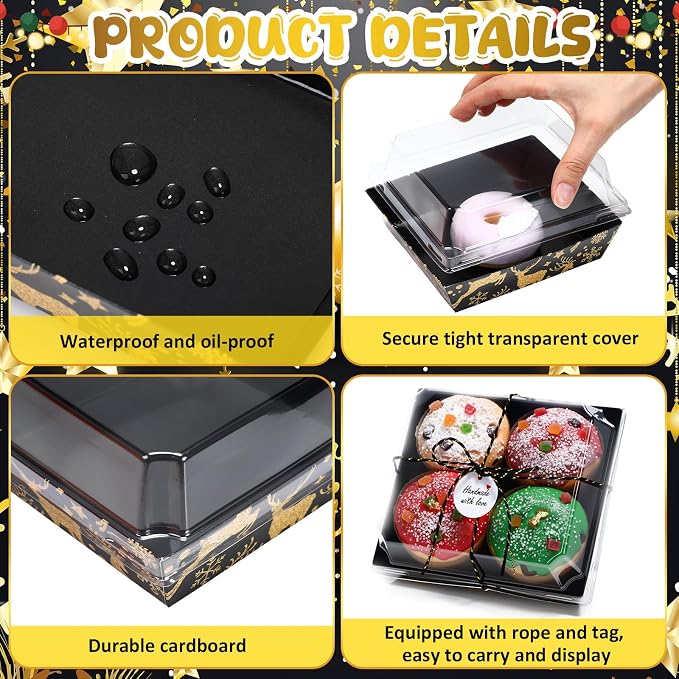 Outus 100 Pack Christmas Charcuterie Boxes with Clear Lids, Paper Dessert Boxes to Go with Gift Tags Rope Disposable Party Favor Treat Food Containers for Cookies, Donuts, Muffins, Salad, and Pastry