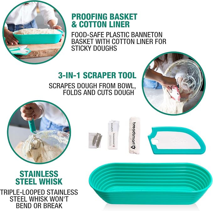 Breadsmart Artisan Bread Making Kit - 5PC Sourdough Bread Baking Supplies Set - Lame, Scraper, Whisk, Banneton Bread Proofing Basket & Cotton Liner