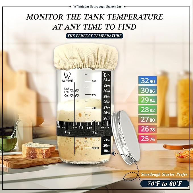 Upgraded Sourdough Starter Jar Kit –24 oz Glass Jar with Date Marked Feeding Band, Thermometer, Scraper, Cleaning Brush & Measuring Cups, Complete Bread Baking Supplies