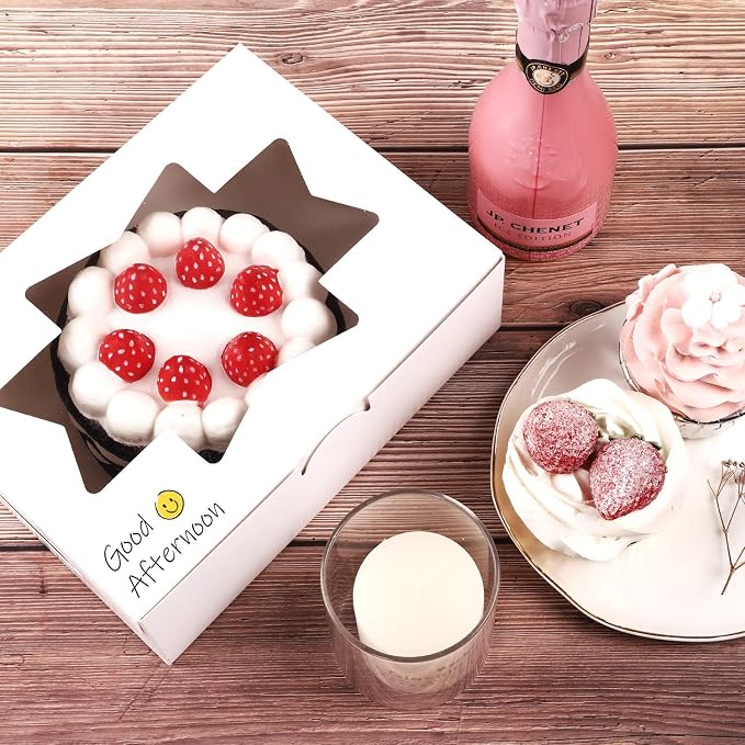 Moretoes 24pcs Bakery Boxes with with 3 Style Window, 8x6x2.5 Treat Boxes for Candies, Chocolate Strawberries, Cakes, Muffins, Donuts