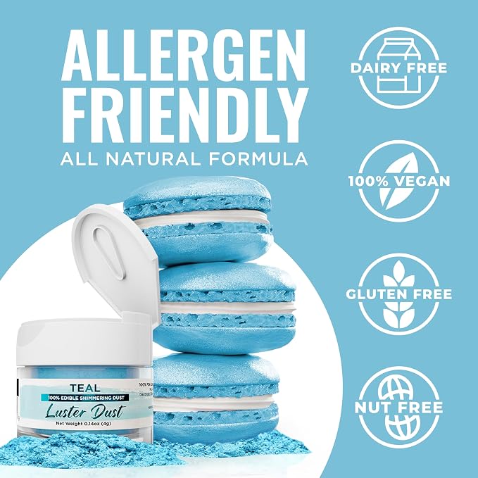 Luster Dust - Teal (4g 1x Jar) | Edible Vegan Dust & Paint for Cake Decorating, Ice Cream, Desserts, Cocktails and Beverages by Bakell