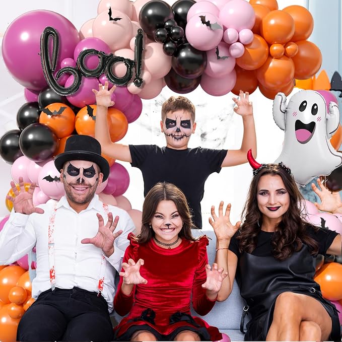 Halloween Balloon Arch Garland, Pink Halloween Party Decorations with Cute BOO Ghost Foil Balloons, Retro Pink Orange Apricot Latex Balloon Bat Sticker for Kids Aldult Birthday Background