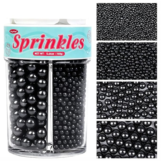 Black Edible Pearl Sprinkles for Cake Decorating, 160g/5.64oz, Sugar Pearls Sprinkles for Cupcake, Cookies, Baking Cake Decorations, 4 sizes, Party Holiday Supplies