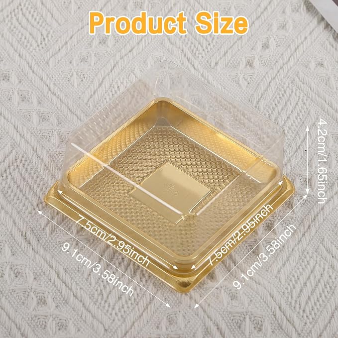 Hewnda 50 Pack of Gold Cake Pans,bottom 3 inch X height 1-1/2 inch of Clear plastic mini cake box muffins box cookies box wedding birthday gift box