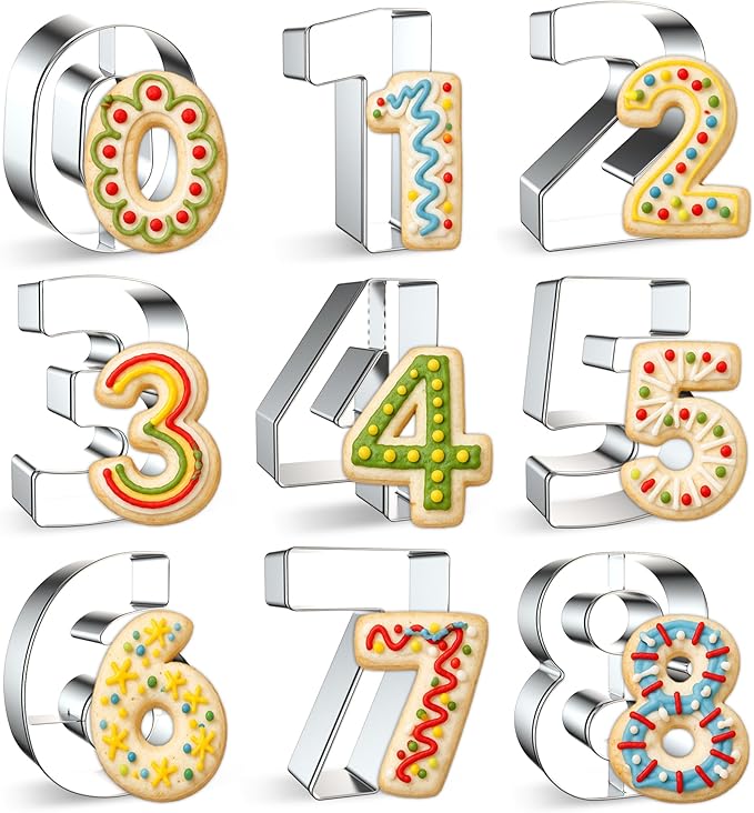FUSOTO 9PCS Number Cookie Cutters Set, Birthday Numbers 0-8(6 Reverses to 9), 4 Inches Stainless Steel Cookie Cutters for Baking, Number Shaped Baking Tool for Homemaking Biscuit, Cookie, Dough