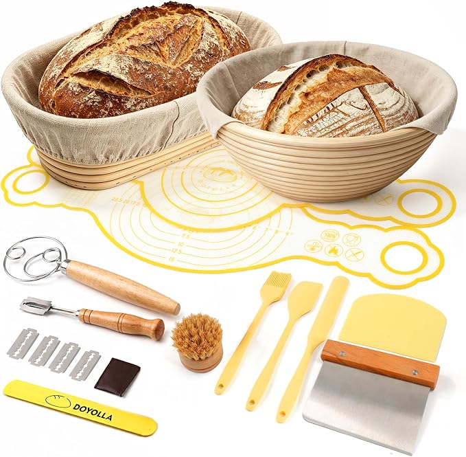 DOYOLLA Bread Proofing Baskets Set of 2, 10 inch Oval & 8.5 inch Round Dough Proofing Bowls w/Liners Perfect for Sourdough Bread Baking, Bakers Baking, Gifts for Bakers, Bread Making Kit