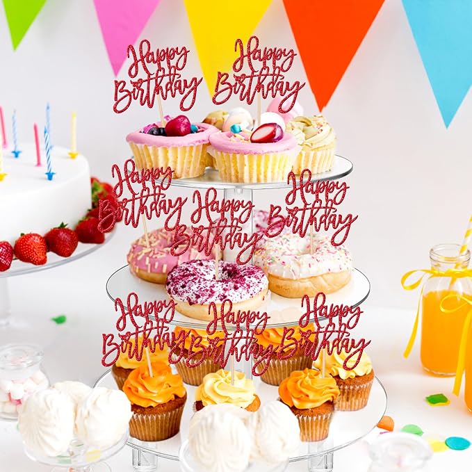 24 PCS Glitter Cupcake Toppers - Happy Birthday & Anniversary Picks - Red