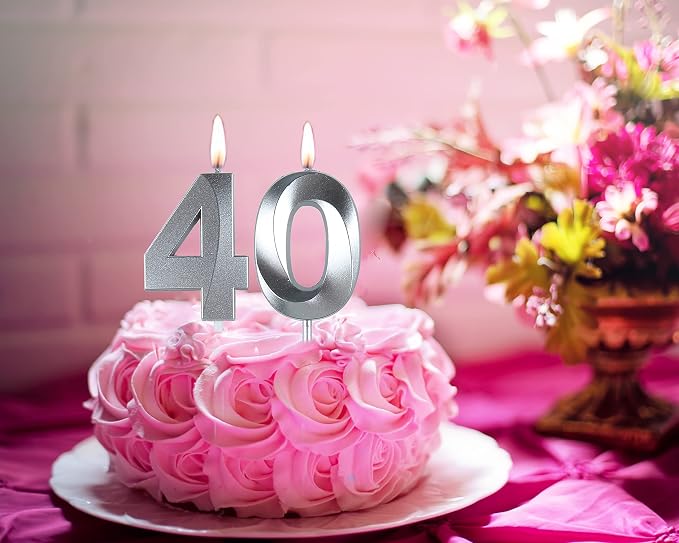 Silver 40th Birthday Candles, Number 40 Cake Topper for Birthday Decorations Party Decoration