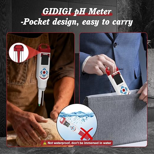 Food pH Meter with ATC, Spear Probe for Sourdough & Meat | Extended temperature electrode, color display, with calibration kit, for sourdough, kombucha, canning, sauce, cosmetic