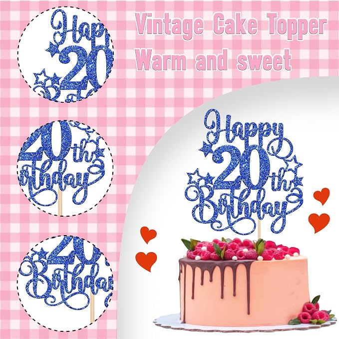 1 PCS Happy 20th Birthday Cake Topper Glitter Cheers to 20 Years Birthday Cake Pick Hello 20 Fabulous Cake Decoration for Happy 20th Birthday Anniversary Party Decorations Supplies Blue