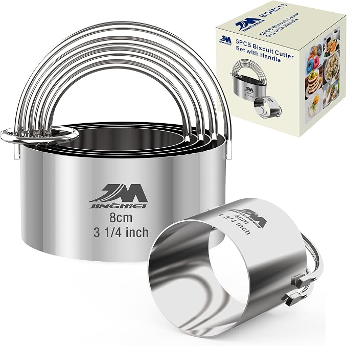 5 Pieces Circle Biscuit Cutter,Professional Stainless Steel Round Cookies Mold Tool with Handle for Baking GIFT Package